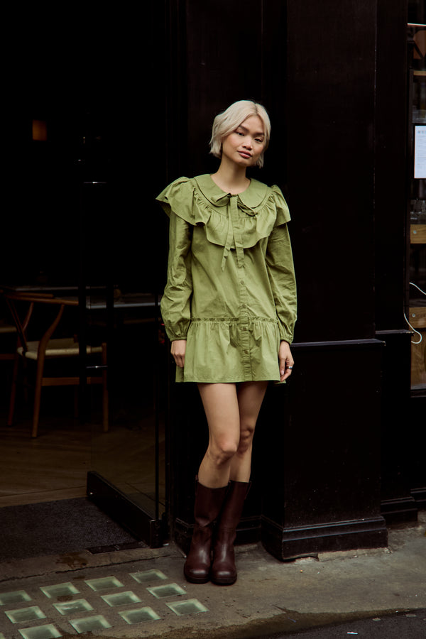 Neon Rose Olive Ruffle Collar Smock Dress