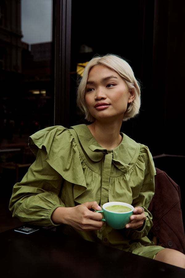 Neon Rose Olive Ruffle Collar Smock Dress