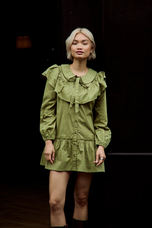 Neon Rose Olive Ruffle Collar Smock Dress
