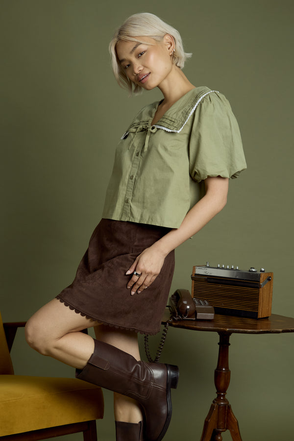 Neon Rose Olive Sailor Collar Puff Sleeve Blouse