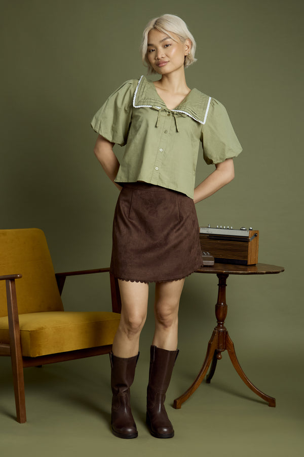 Neon Rose Olive Sailor Collar Puff Sleeve Blouse