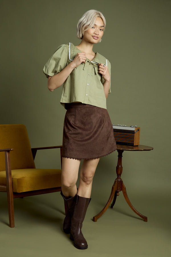 Neon Rose Olive Sailor Collar Puff Sleeve Blouse