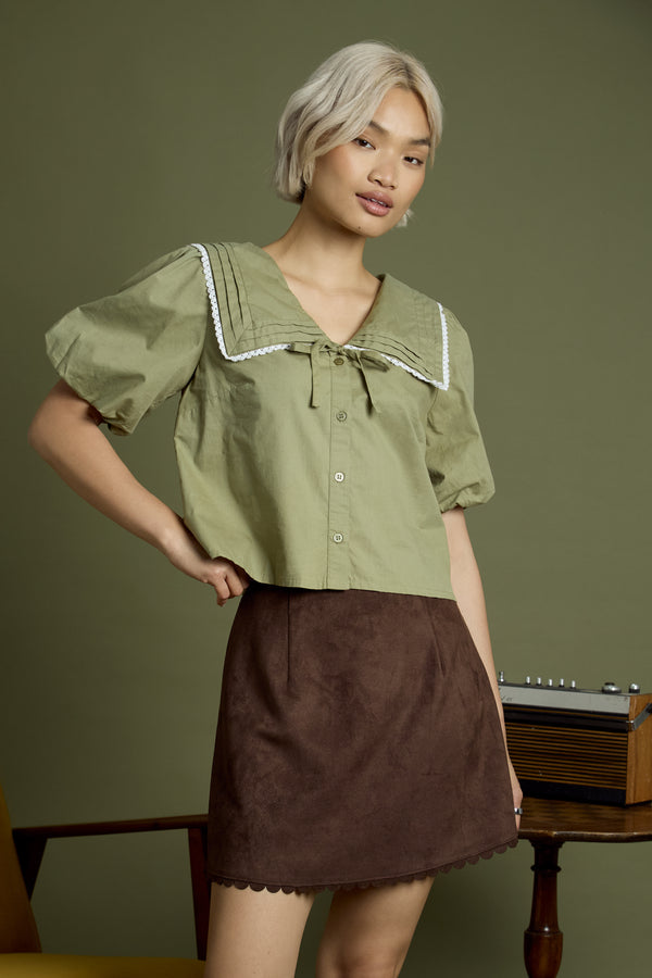 neon rose Olive Sailor Collar Puff Sleeve Blouse