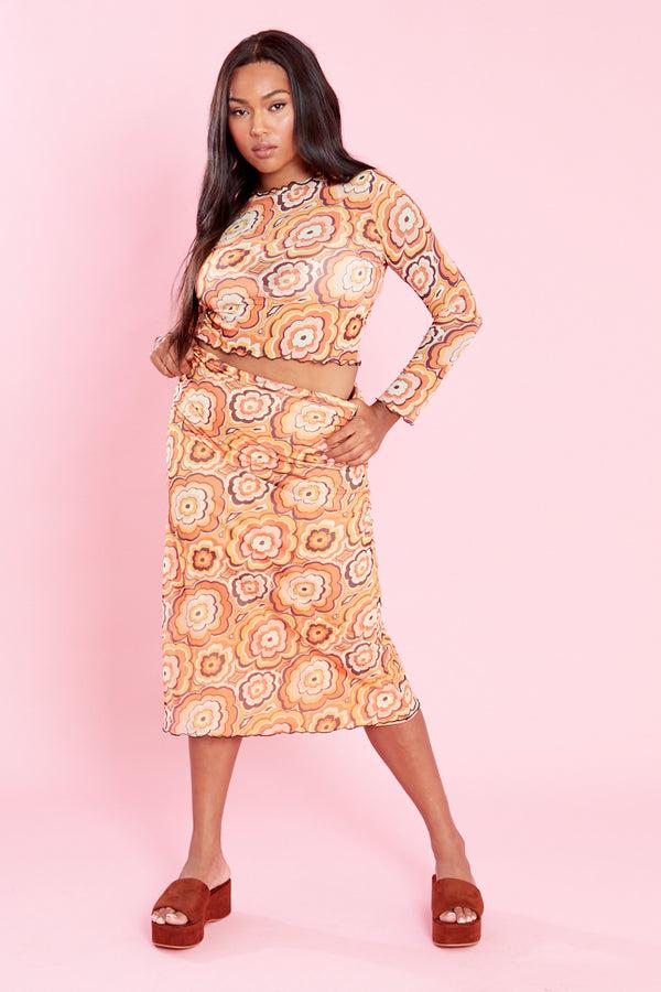 Neon Rose Sandy Mesh Midi Skirt - Curve