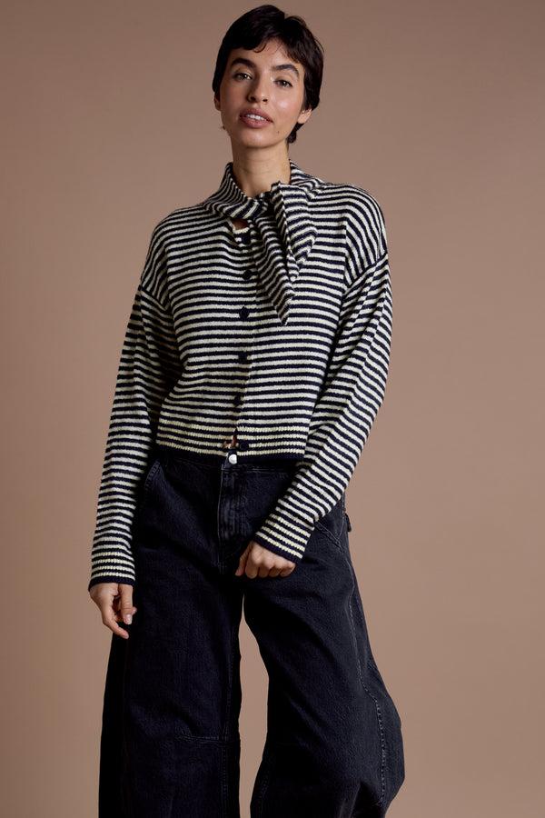 neon rose Tess Stripe Cardigan with Tie Detail