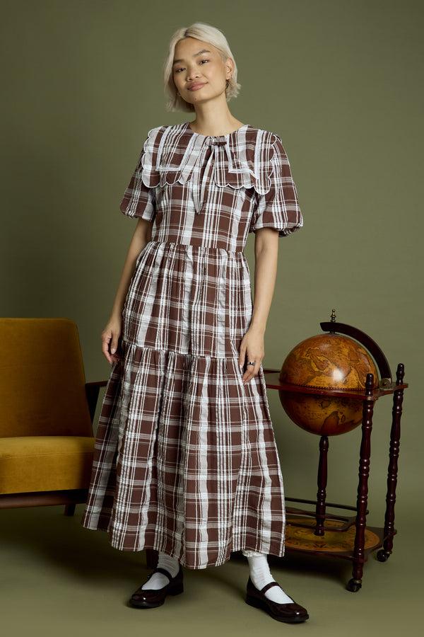 Neon Rose Taffy Collar Detail Check Print Midaxi Dress