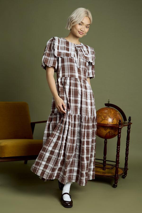 Neon Rose Taffy Collar Detail Check Print Midaxi Dress