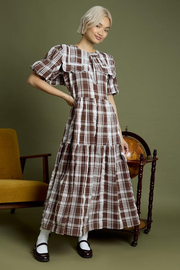 neon rose Taffy Collar Detail Check Print Midaxi Dress