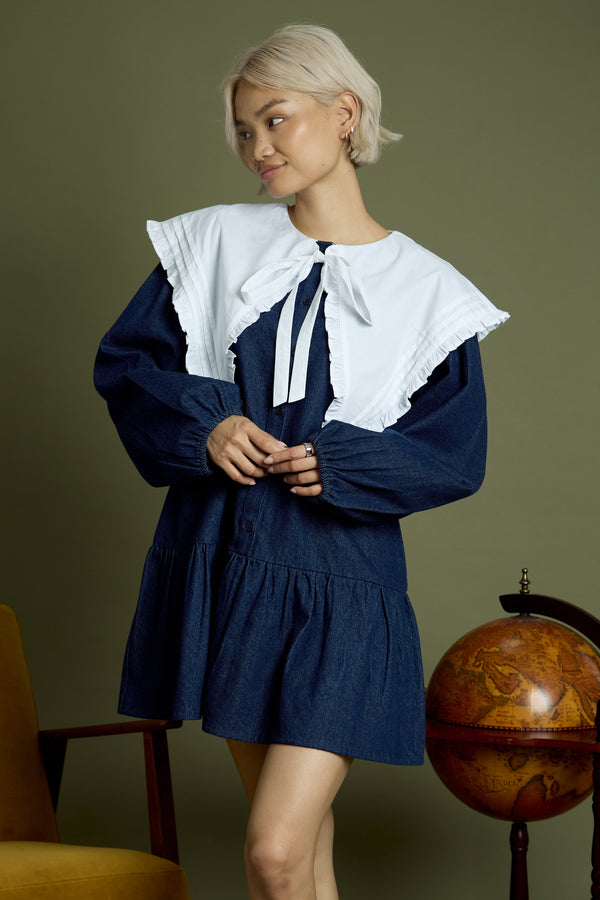 Neon Rose Zuri Oversized Collar Denim Mini Smock Dress