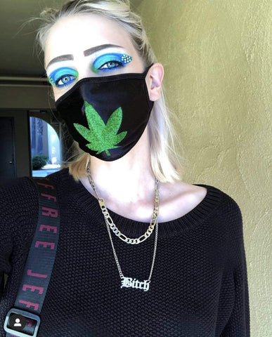 Neva Nude Dope AF Green Glitter Weed Leaf Black Face Mask