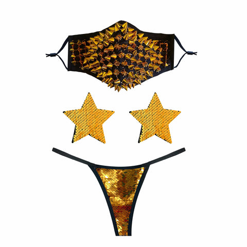 neva nude Gluttony Gold Stud Face Masks With Filter Pocket Pastie and Pantie Lingerie Set
