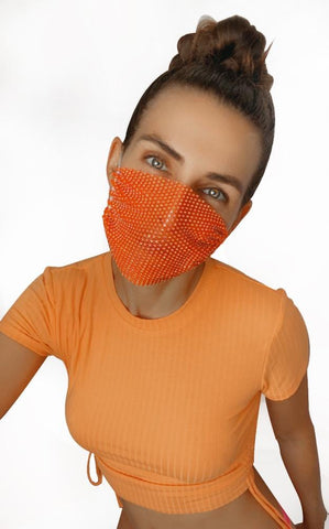 Neva Nude Hey Gurl Neon Orange Crystal Mesh Jewel Face Mask With Adjustable Loops