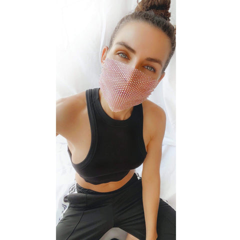 Neva Nude $$$ Honey Rose Gold Pink Crystal Mesh Jewel Face Mask With Adjustable Loops