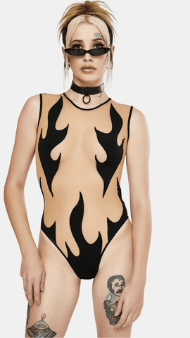 Neva Nude Inferni Black Flame Nude Mesh One Piece BodySuits