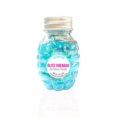neva nude Lullaby Sky Aqua Blue Blacklight Cosmetic Glitter Glitz Grenade Keychain in Aloe Gel