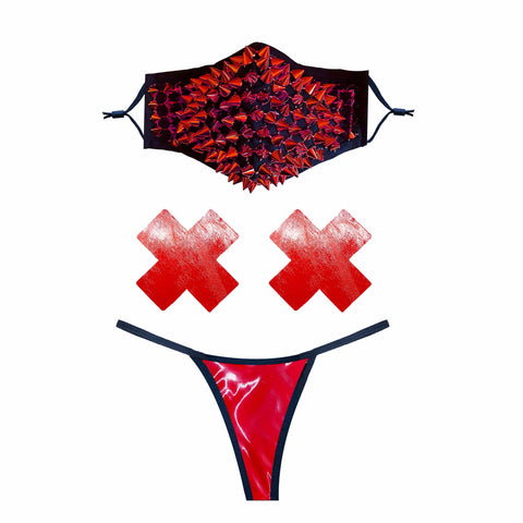 neva nude Lust Red Stud Face Masks With Filter Pocket Pastie and Pantie Lingerie Set
