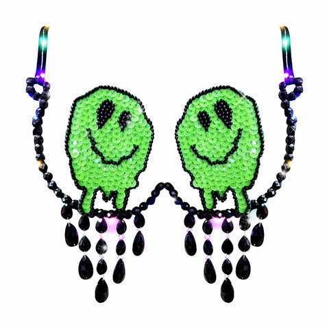 Neva Nude Melty Face Green Glow In The Dark Light Up Sequin Crystal Carnival Bra