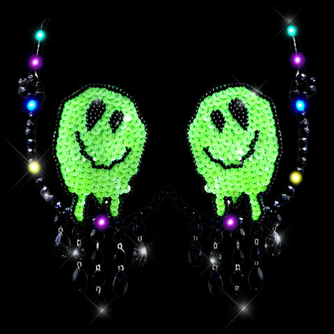 Neva Nude Melty Face Green Glow In The Dark Light Up Sequin Crystal Carnival Bra