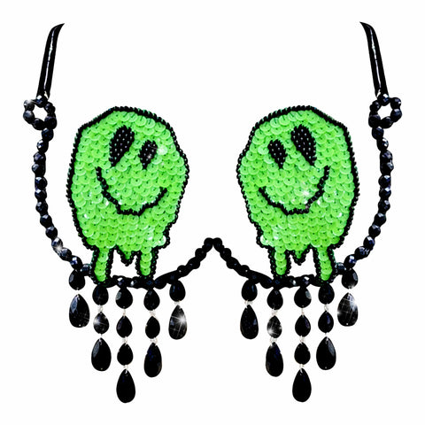 neva nude Melty Face Green Glow In The Dark Light Up Sequin Crystal Carnival Bra