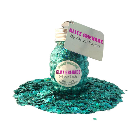 Neva Nude Mermaid Magnifique Turquoise Cosmetic Glitter Glitz Grenade Keychain In Aloe Gel