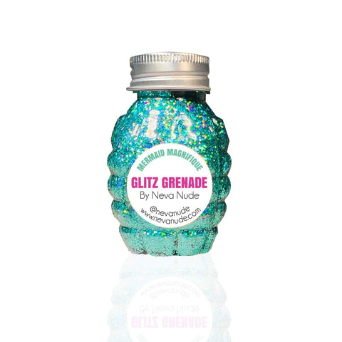 neva nude Mermaid Magnifique Turquoise Cosmetic Glitter Glitz Grenade Keychain in Aloe Gel