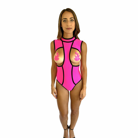 Neva Nude Neon Pink Blacklight Peepers One Piece Bodysuits