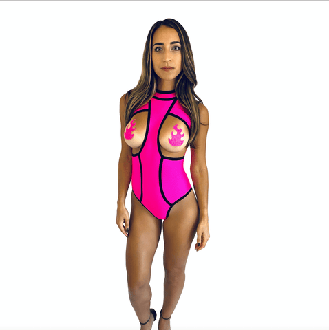 Neva Nude Neon Pink Blacklight Peepers One Piece Bodysuits