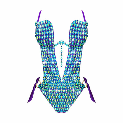 Neva Nude Peacock Royal Blue Green Crystal One Piece Bodysuit