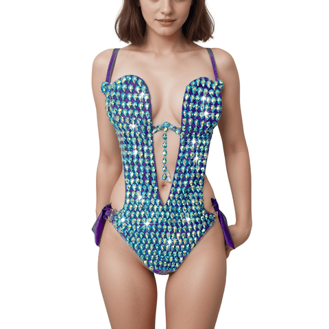neva nude Peacock Royal Blue Green Crystal One Piece Bodysuit