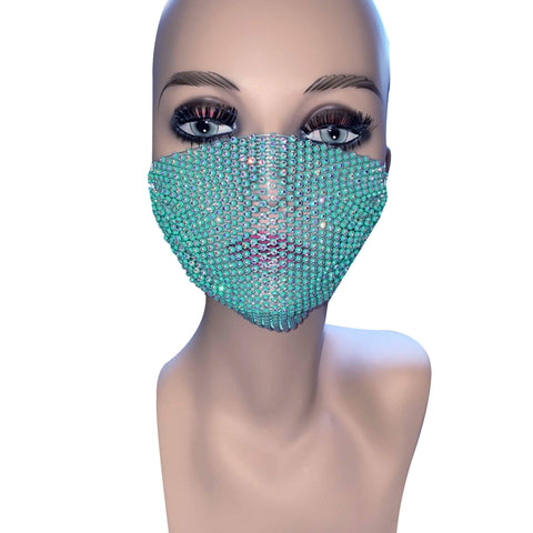 Neva Nude Perfect Illuzion Teal Crystal Mesh Jewel Face Mask With Adjustable Loops