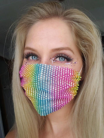Neva Nude Poker Facie Rainbow Crystal Mesh Jewel Face Mask With Adjustable Loops