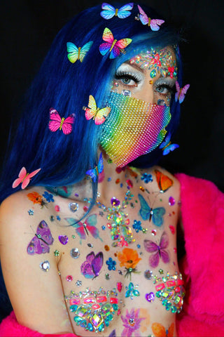 Neva Nude Poker Facie Rainbow Crystal Mesh Jewel Face Mask With Adjustable Loops