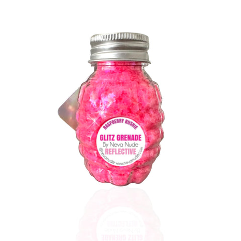 neva nude Raspberry Rushie Reflective Neon Pink UV Cosmetic Glitter Glitz Grenade Keychain in Aloe Gel