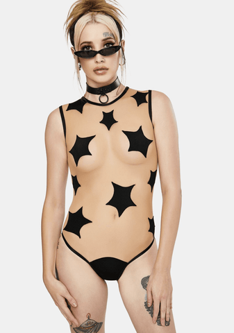 Neva Nude Star Struck Black Stars Nude Mesh One Piece Bodysuits