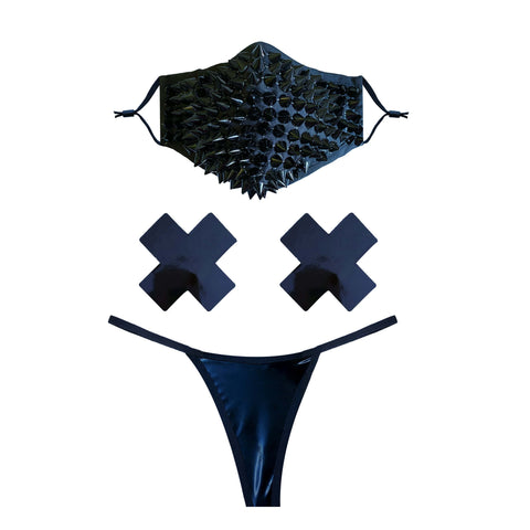 neva nude Wrath Black Stud Face Masks With Filter Pocket Pastie and Pantie Lingerie Set