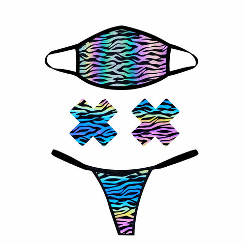 neva nude Zombie Zebra Multi Reflective Face Mask Pastie and Pantie Lingerie Set