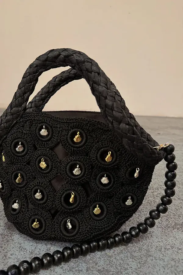 Never Fully Dressed Black Crochet Shell Charm Mini Bag