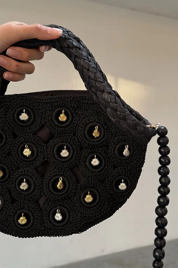 Never Fully Dressed Black Crochet Shell Charm Mini Bag