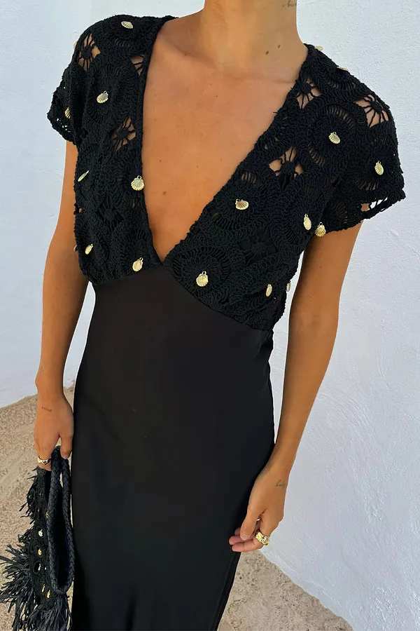 Never Fully Dressed Black Crochet Shell Elodie Dress