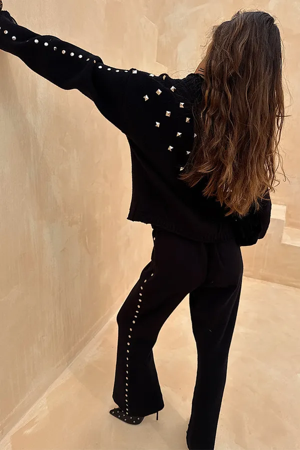 Never Fully Dressed Black Studded Knit Trousers Petite