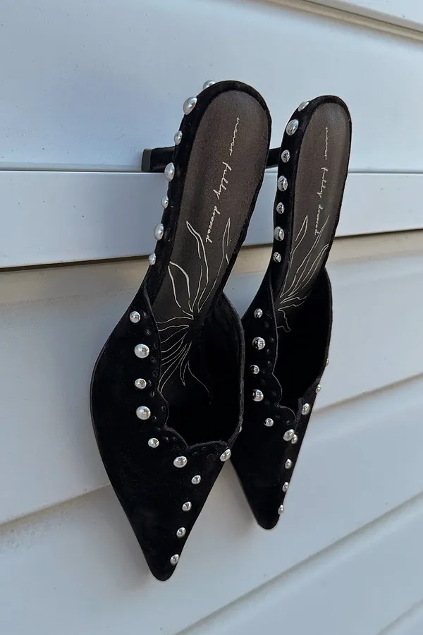 Never Fully Dressed Black Suede Mules With Silver Studs