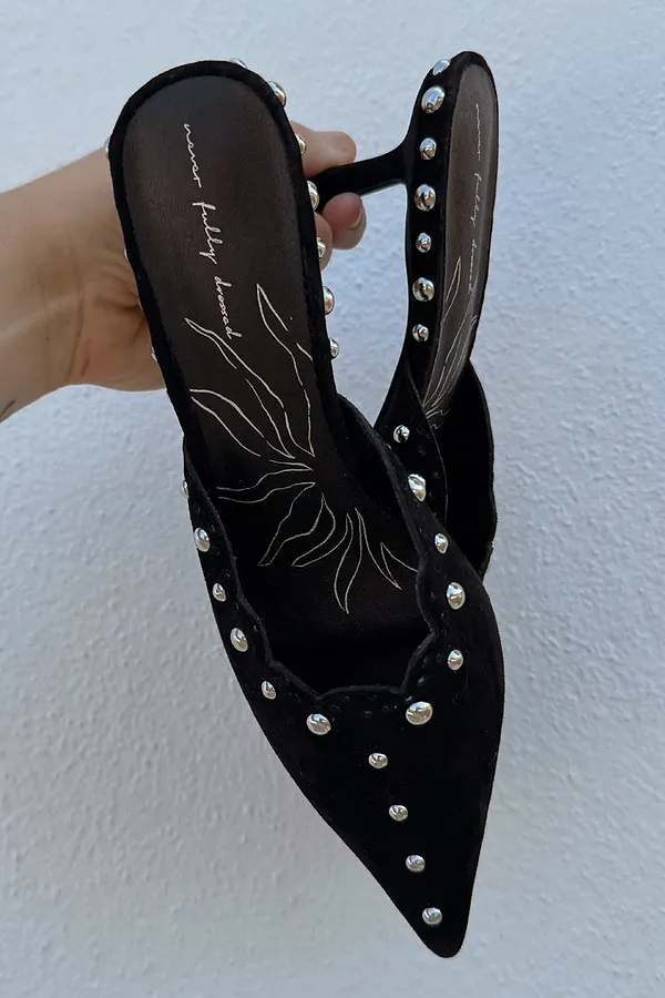 Never Fully Dressed Black Suede Mules With Silver Studs
