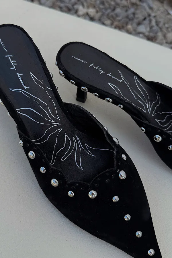 Never Fully Dressed Black Suede Mules With Silver Studs