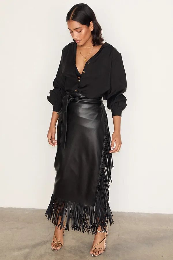 Never Fully Dressed Black Vegan Leather Fringe Midi Jaspre Skirt