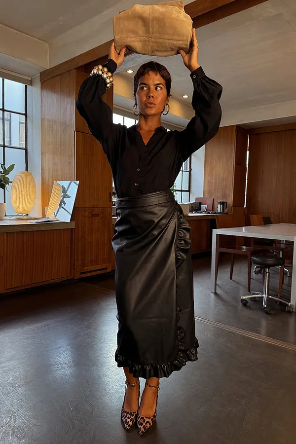 Never Fully Dressed Black Vegan Leather Ruffle Jaspre Skirt