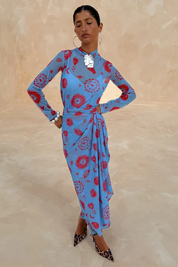 Never Fully Dressed Blue And Red Morocco Mesh Wrap Dress