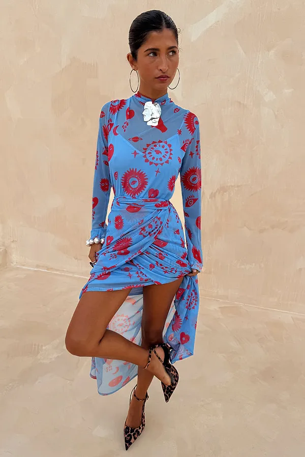 Never Fully Dressed Blue And Red Morocco Mesh Wrap Dress
