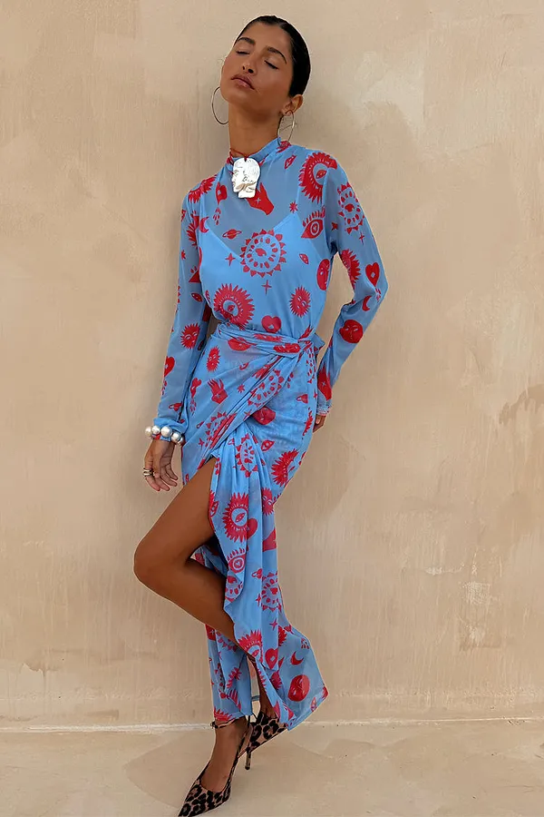 never fully dressed Blue and Red Morocco Mesh Wrap Dress