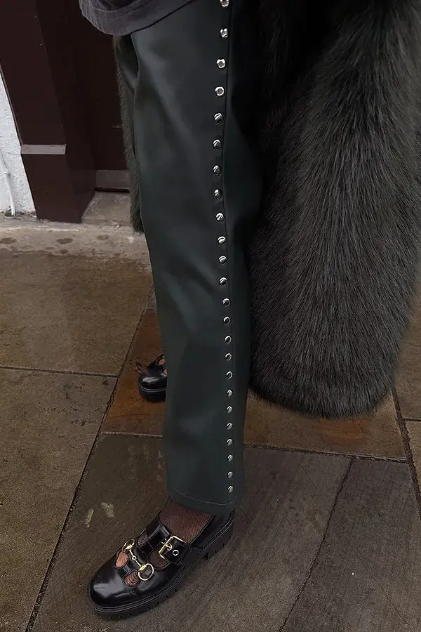 Never Fully Dressed Bottle Green Studded Vegan Leather Trousers Petite