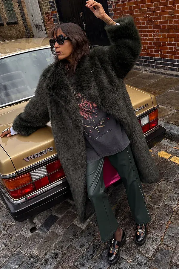 Never Fully Dressed Bottle Green Studded Vegan Leather Trousers Petite